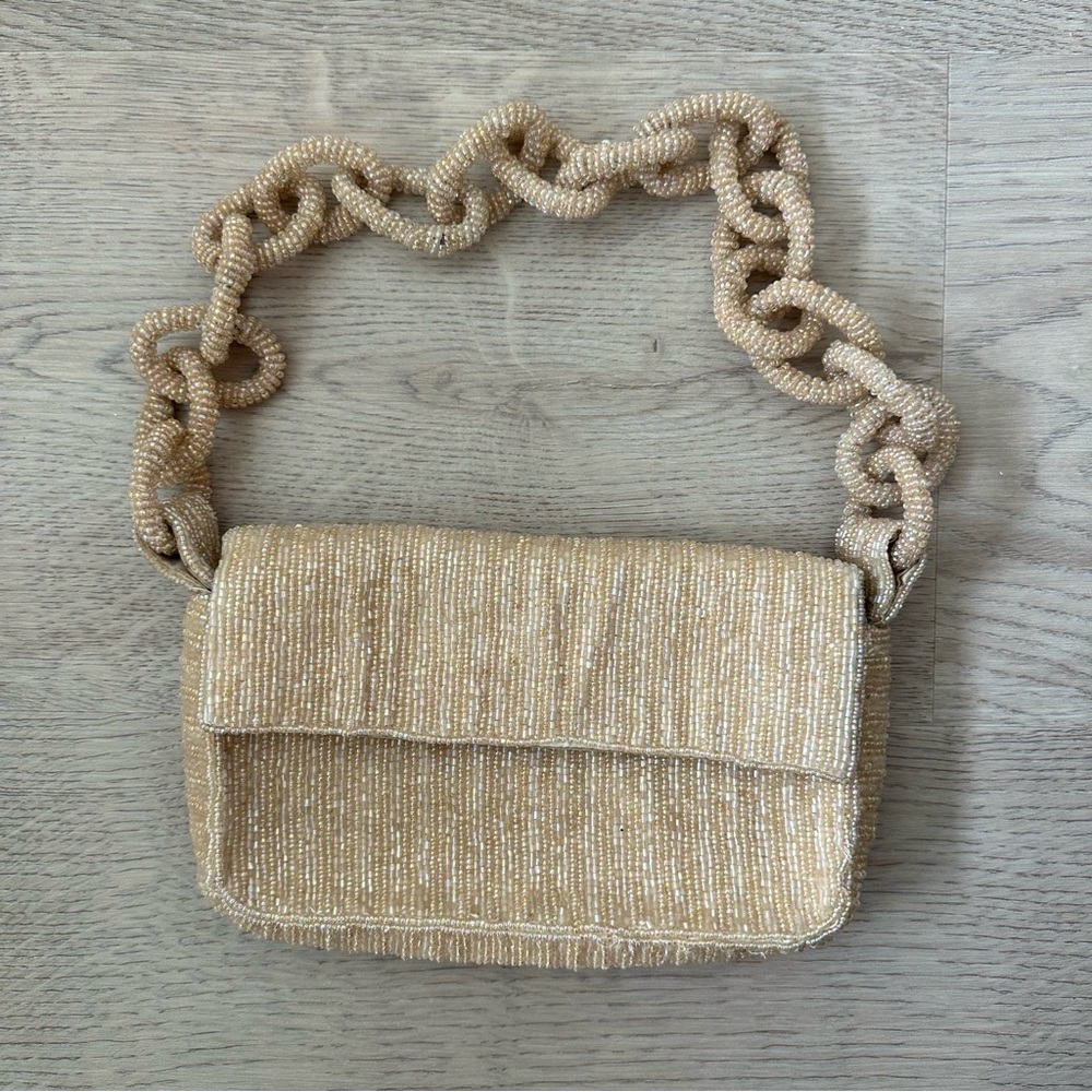 Beige/ Gold Beaded Shoulder Bag